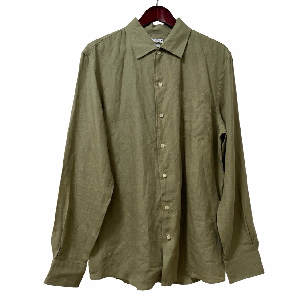 Zara Mens 100% Linen Collared Button Up Long Sleeve Shirt Size XL Olive Green